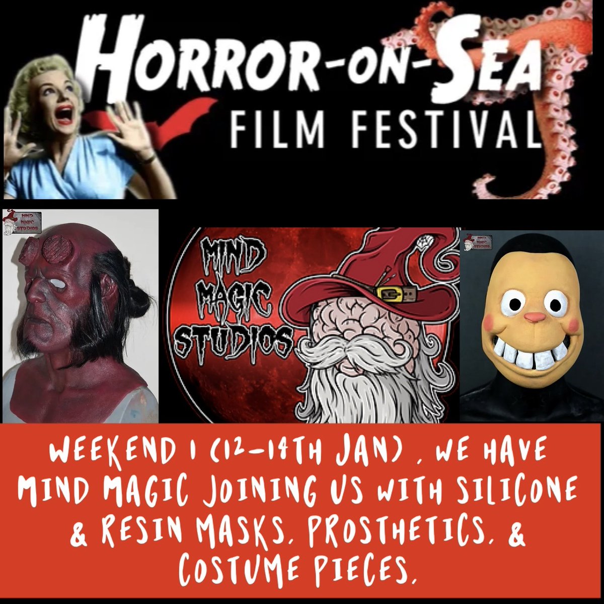 HorrorOnSea's tweet photo. On Weekend 1 (12-14th Jan) @MindMagicStudio will bring silicone & resin masks, prosthetics, costume pieces, & a whole most of their there goodies
#FilmFestival #ThrillingMovies #CreepyClassics #MaskedMenace #ScaryMask #FrighteningFace #MaskedMadness #HorrorObsession #CreepItReal https://t.co/Cj9L9c6bVc