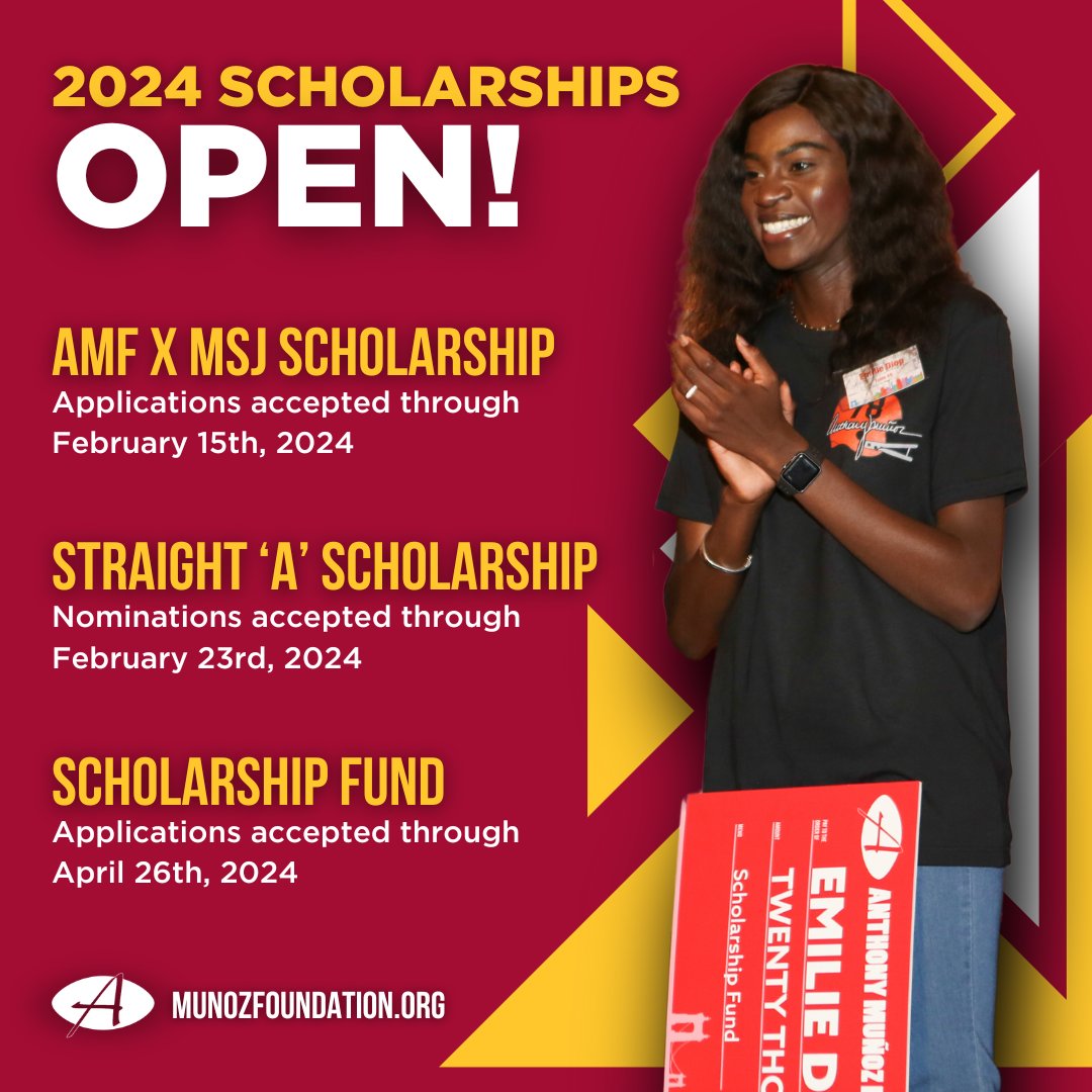 MunozFoundation's tweet photo. AMF scholarships are officially OPEN! Last year, we awarded $162K in scholarships to 24 devoted, hard-working students and we hope to award even more, this year. Learn more about AMF’s scholarship opportunities by visiting https://t.co/1TpExHGDEV
#AMFStraightA #AMFScholar https://t.co/ttqr4Ouvcr