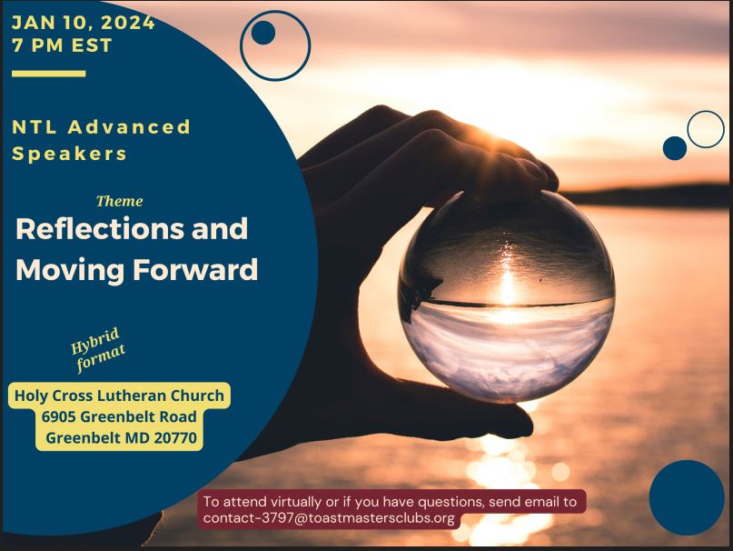 TM_JMERS's tweet image. NTL Advanced Speakers Toastmasters Club invites you to our January 10, 2024 meeting. Our theme will be "Reflections and Moving Forward". Visit us to see how an advanced club can help you reach your goals faster. For more information, ntladvanced.toastmastersclubs.org
