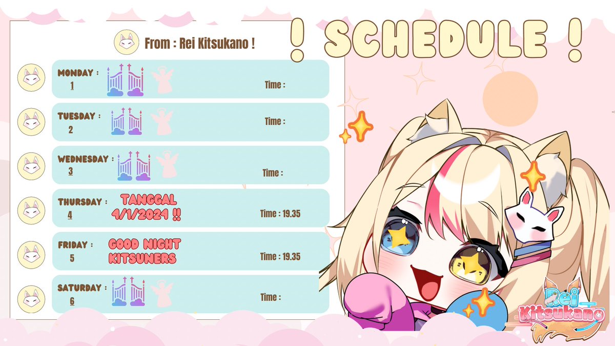 ReiKitsukano's tweet photo. Yahoo !! skejul 2024 baru~💖 yippi yippii !! (stay tuned for guerilla stream !) ✨
HASTAG 🦊✨
• GENERAL : #Reikitsukano
• FAN NAME : #Kitsuners
• FAN ART : #reifanart
• MEME : #Reimeme
• LIVE : #ReiKitsukanolive https://t.co/b9WWWF5hMk