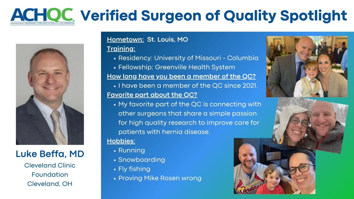ACHQC's starting 2024 with a shout out to Dr. Luke Beffa, our featured Verified Surgeon of Quality for January! Cheers to a New Year! #qualitypatientcare #herniapatientcare #vsoq #qualityimprovement