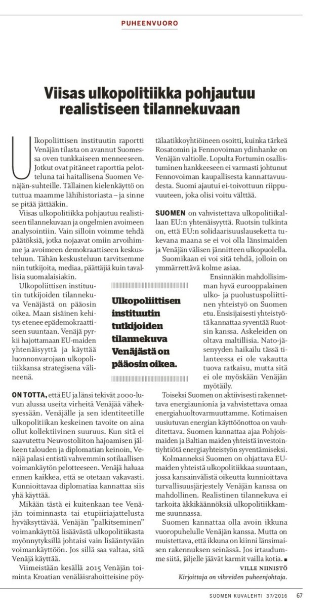 Löysin koosteen omasta Venäjä-riskien analyysistäni vuodelta 2016, jonka kirjoitin SK:ssa 15.9. vastauksena poliitikkojen kritiikkiin UPIn tutkijoiden Venäjä-raporttia kohtaan.

Onhan tämä osuva yhä kuten varoitus Venäjän voimankäytön "palkitsemisesta" ja energiariippuvuudesta.