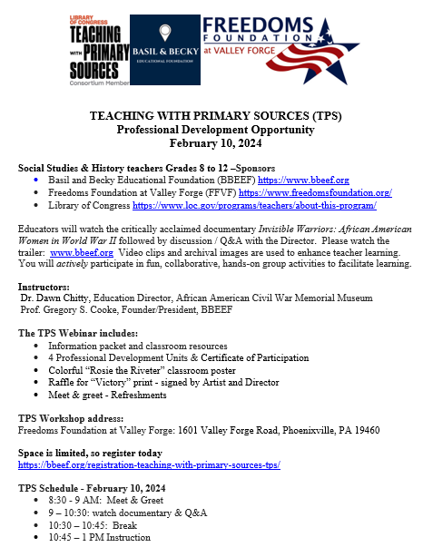 foundingforward's tweet photo. Social studies &amp; history teachers (Grades 8 to 12) are invited to attend a PD session on 2/10/2024! Details below. This session is brought to you by The Basil and Becky Educational Foundation, @librarycongress, &amp; #FFVF.

Register for this event at: https://t.co/SlFoSn37B2 https://t.co/r3wprcqrAd