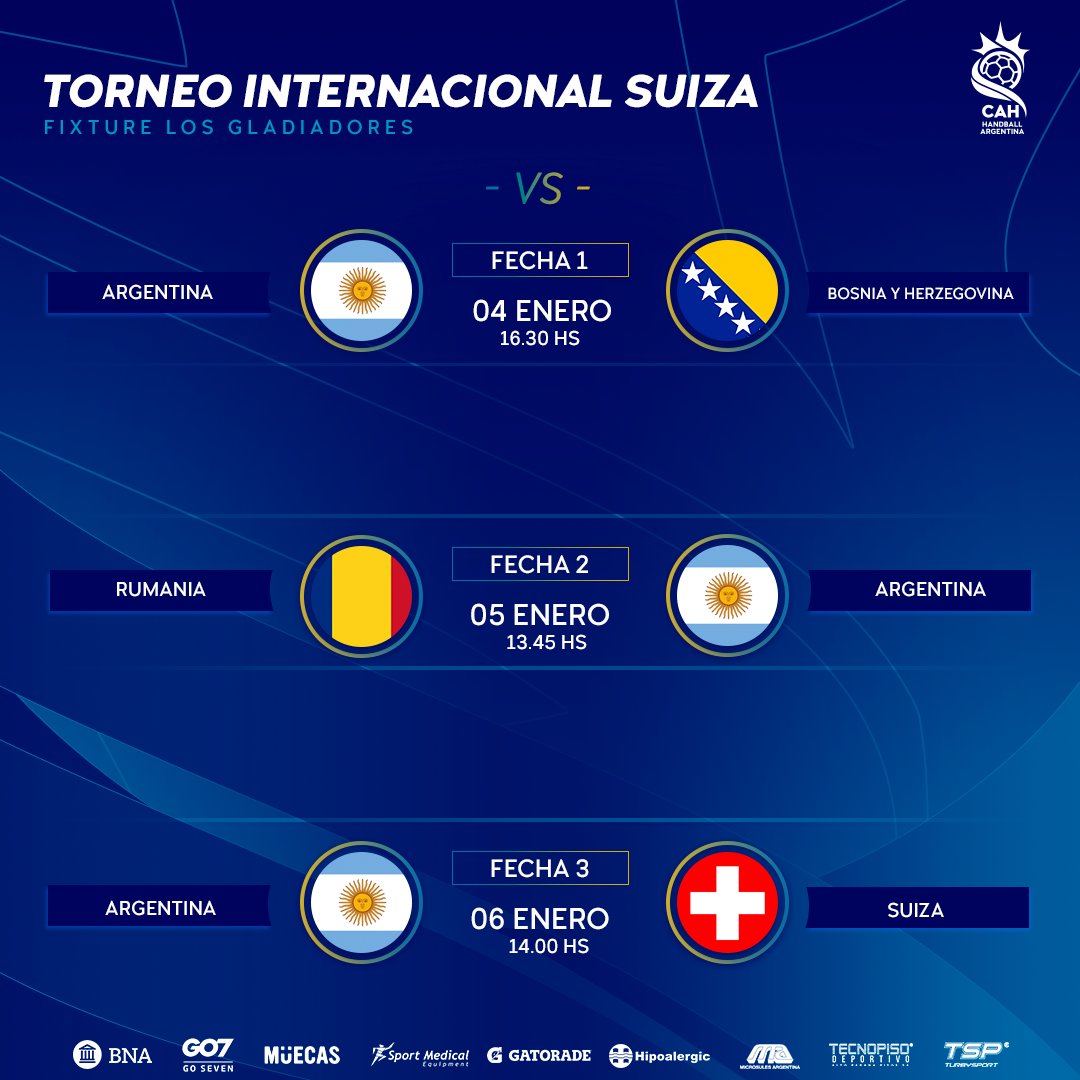 ¡Los Gladiadores 🇦🇷⚔️ continúan con su gira por Europa!

📅 Agenda los días y horarios ⏰ de los partidos de Argentina en el Torneo Internacional Suiza 🇨🇭 2024.

💻 Los enfrentamientos contra Bosnia 🇧🇦 y Rumania 🇷🇴 se podrán seguir en vivo a través de handballtv.ch/de .