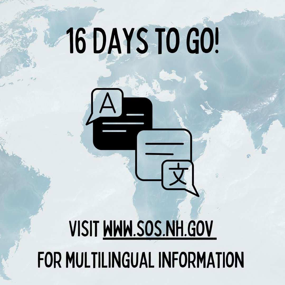 Election day is just 16 days away! 

Visit sos.nh.gov/elections/mult… for election information in Spanish, French, Mandarin, and Portuguese!