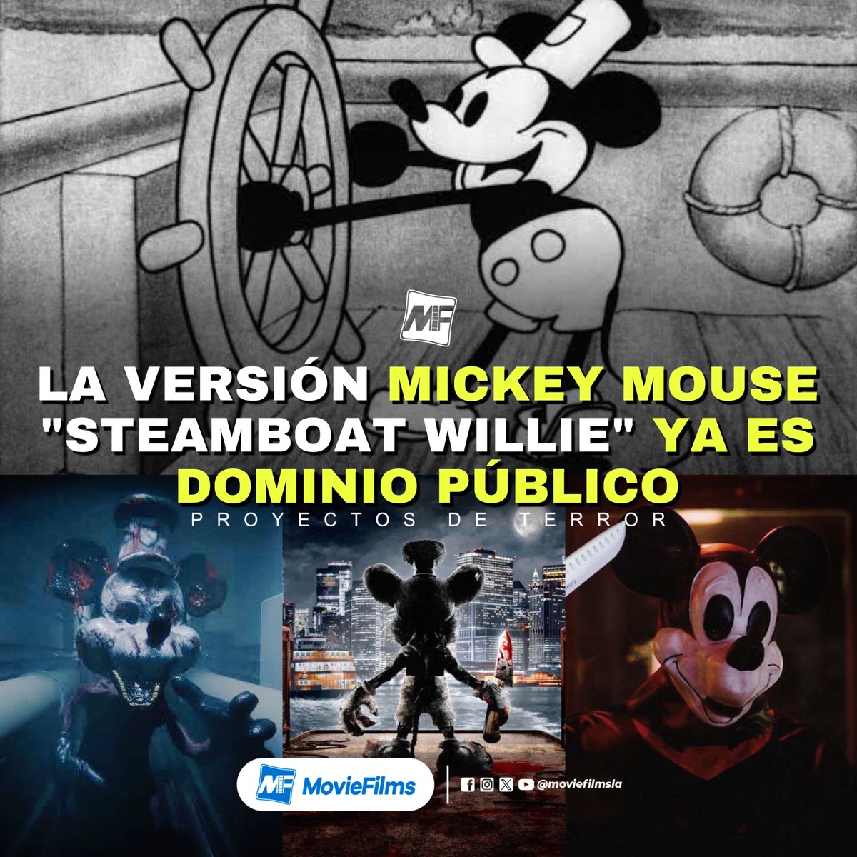 moviefilmsmx's tweet photo. 🚨 OFICIAL 🚨 La versión de #MickeyMouse “Steamboat Willie” de #Disney ya es DOMINIO PÚBLICO y ya existen TRES PROYECTOS de terror, apenas en su segundo día del año:
🎮 #Infestation88, 2024
🎬 #MickeysMouseTrap, 2024
🎬 #SteamboatMickey, 2024
¿Qué opinas? https://t.co/4feZlSv8Nr