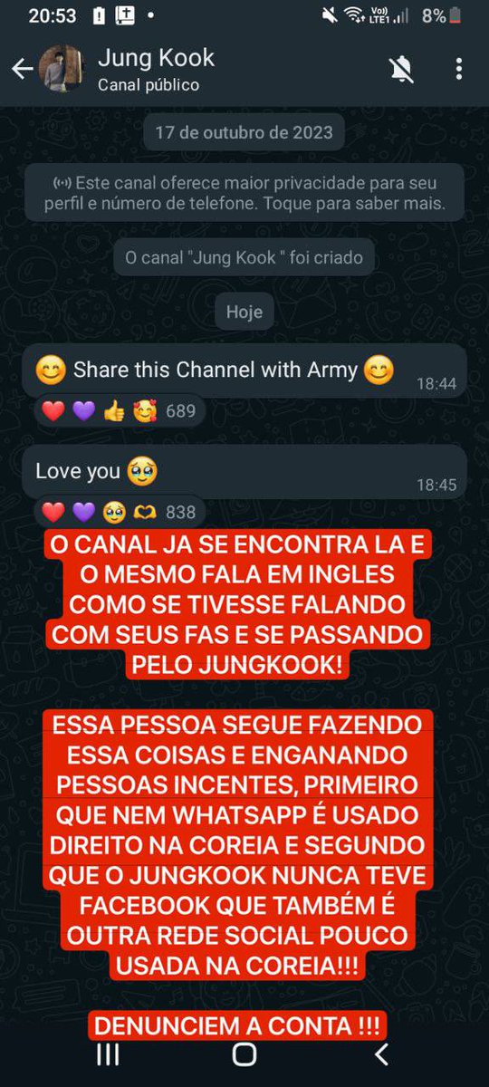ARMYS, venho pedir ajuda para denunciar uma conta q esta se passando pelo JK no Facebook, ela ja tem mais de 1 MILHÃO de seguidores e as armys la acreditam ser ele pois a conta comprou verificado. Denunciem e copiem e colem a tag abaixo pf👇🏻

Link do face:
facebook.com/1997JungKook?m…