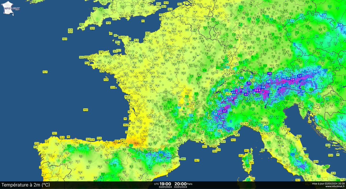 Les cartes Infoclimat ont été très diffusées en 2023 sur les réseaux sociaux. Plus de 1000 stations en temps réel. Et c'est gratuit :) ! Infoclimat est une association de bénévoles et a besoin de votre soutien. La campagne d'adhésion 2024 est ouverte : asso.infoclimat.fr/infos/formulai…