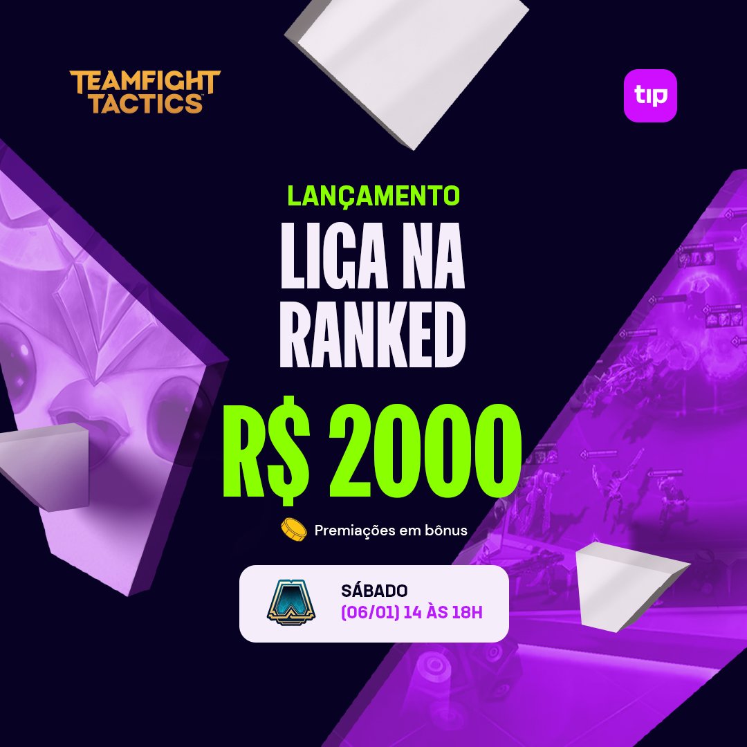 tipspace's tweet photo. Prepare sua pequena lenda, as Ligas na Ranqueada do TFT chegaram na Tipspace! 🤯
Domine os boards nas rankeds que já está acostumado a jogar enquanto compete pela premiação de R$ 2.000,00! 💵🫰
🗓️ 06 de janeiro das 14h às 18h
💰 R$ 2.000,00 de premiação total