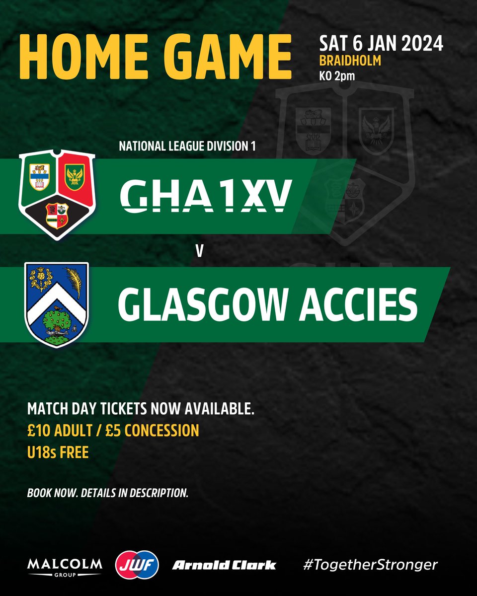 🏉Starting 2024 with a Glasgow Derby! Join us at Braidholm this Saturday 6th January for the rescheduled home game against @GlasgowAccies . Game day tickets are available in advance via our @citizenticket event page: tikt.link/GHAGGOWACCIES #GHARugby #TogetherStronger