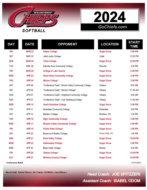 Join us in our quest to repeat as Skyway Conference champions in 2024. Our schedule is below, not including our Florida spring trip. @WaubonseeChiefs @WCCchiefsSB