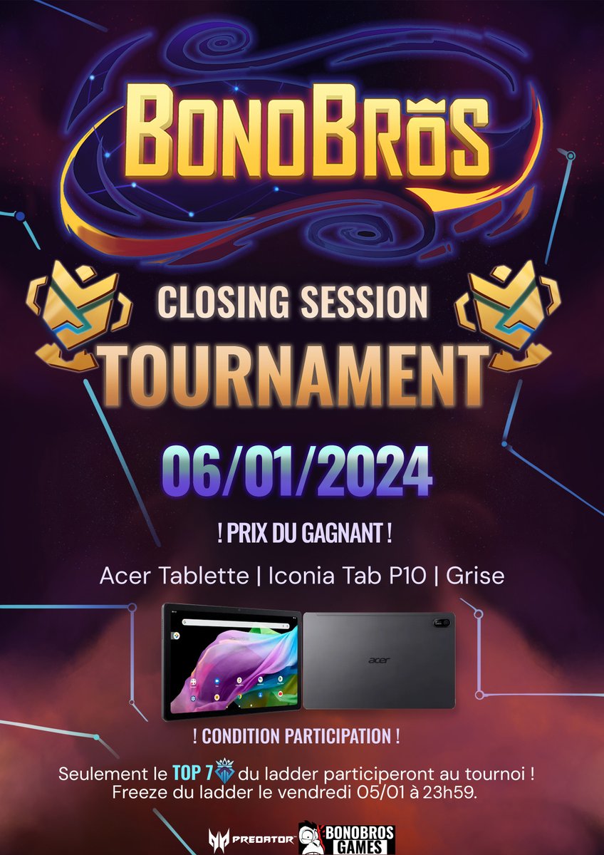 Dans 5 jours on va fermer l'alpha de @BonobrosGame, mais juste avant premier tournoi officiel sur le jeu ! En plus les bros de @PredatorFrance offrent au vainqueur une tablette ICONIA P10 ! Pour vous qualifier au tournoi go être dans le top 7 du LADDER IN GAME ! Merci à toutes…