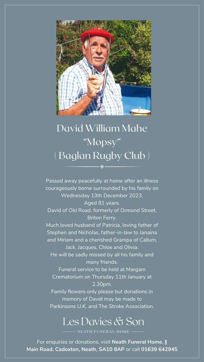 llansawelbcc's tweet photo. Funeral arrangements for our great friend David #mopsy #rip https://t.co/HvF5ZGQDjG