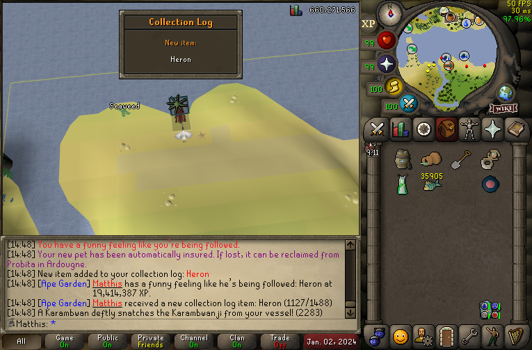 MatthisGG's tweet image. #16 Heron 🎣 !!!!!!!!

(About 100k or so lifetime karambwans)