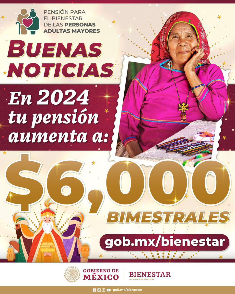 A_MontielR's tweet photo. #Aumento #PensiónAdultoMayor
Si eres derechohabiente de la #PensiónAdultoMayor, te tenemos #BuenasNoticias tu pensión aumentó a 6 mil pesos y se te depositará el bimestre ENERO-FEBRERO, del 3 al 26 de enero por letra de tu primer apellido. 

Consulta el calendario de fechas en https://t.co/1fJ9xmT7Y0

#PrimeroLosPobres