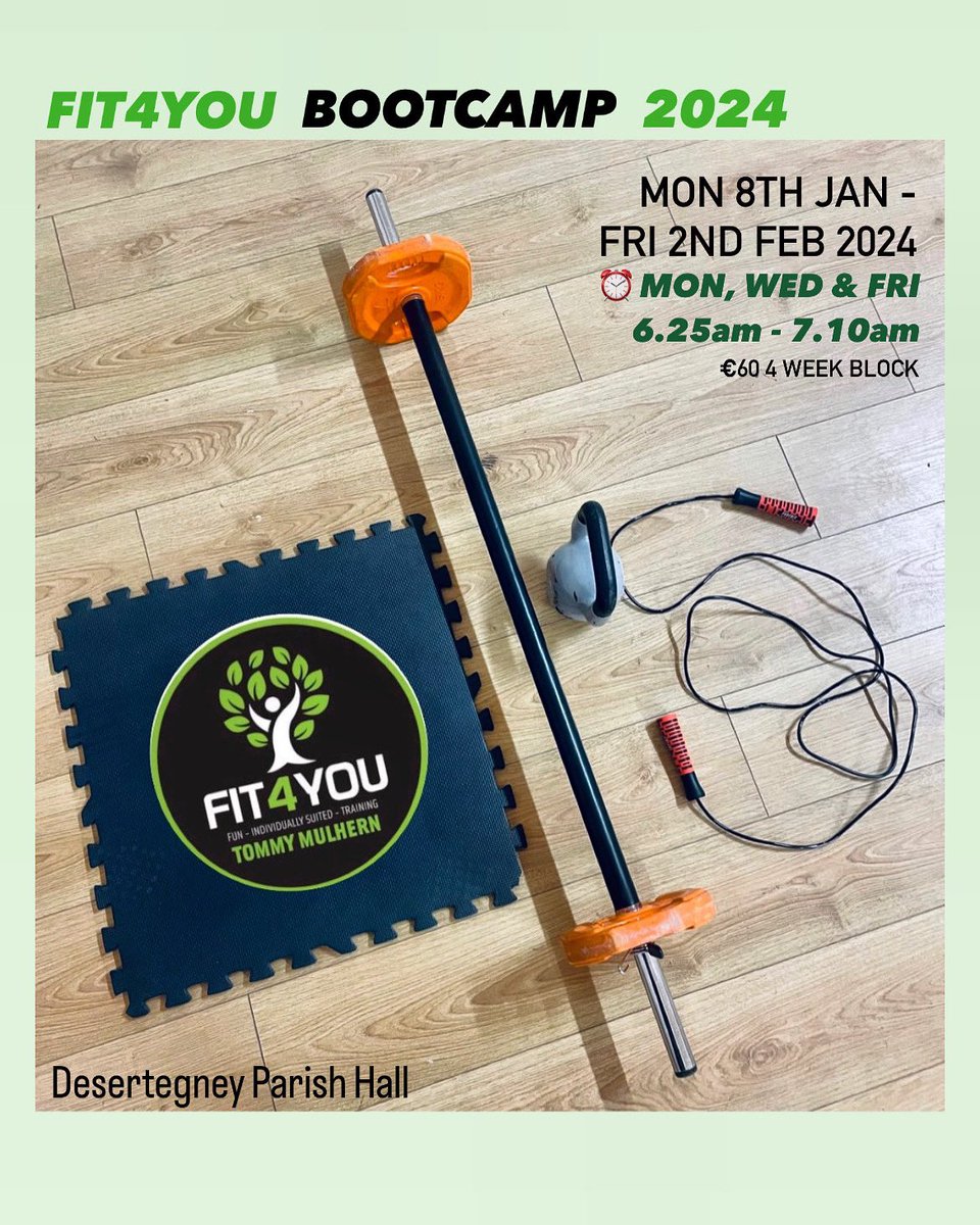 tommy_mulhern's tweet photo. 2024 Fit4You Bootcamp ⚡️
NEW BLOCK BEGINS MON 8th JAN ‼️
𝑭𝑹𝑬𝑬 𝑺𝑬𝑺𝑺𝑰𝑶𝑵
📅 Friday 5th January
⏰ 6.25 - 7.10am
🏋🏻♀️ Low Intensity Circuit
Current & New Faces Welcome 👋🏼
#Fit4You #Fitness #Bootcamp #fitnessclass #gym #workout #exercise #healthylifestyle https://t.co/EUB7XFdYMm