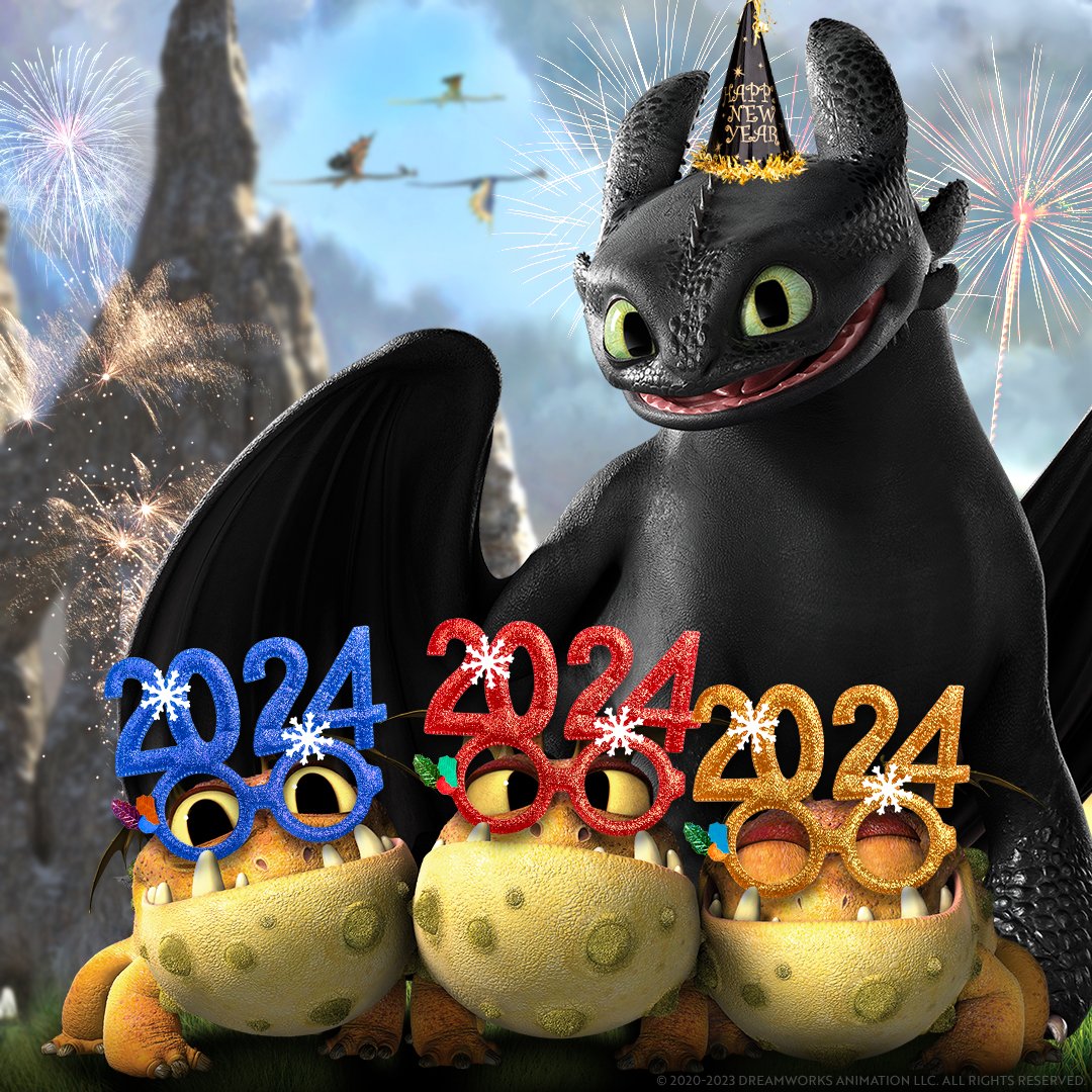 Toothless and the Gronk triplets are ringing in the new year, dragon style 🐲 Cheers to 2024! 🎉