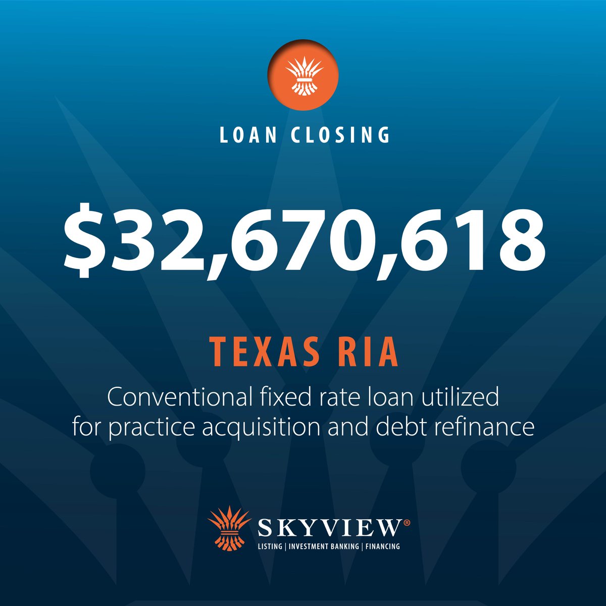MacyMayfield's tweet photo. @SkyViewPartners has successfully closed a $32M+ loan for a Texas RIA, helping them with practice acquisition &amp; debt refinance.
#debtrestructuring #acquisitions #loanclosing #wealthmanagement https://t.co/s5NZ7YeqW7