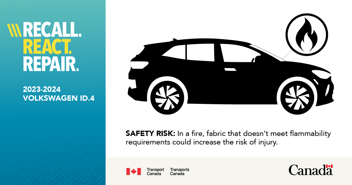 #Recall on certain 2023-2024 Volkswagen ID.4 SUVs, the material of the roller sunshade for the panoramic sunroof may not meet the flammability requirements of Canadian regulations and could increase the risk of injury in a fire. ow.ly/zJ4150QcsbZ