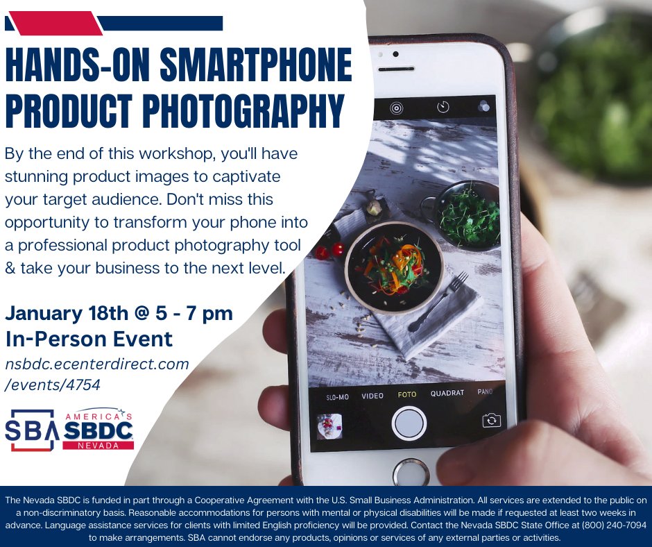 Join the Nevada SBDC on January 18th for an in-person training in Las Vegas, "Hands-On Smartphone Product Photography"! This workshop is designed to empower you with practical skills and personalized guidance.

Register for this Las Vegas training here: nsbdc.ecenterdirect.com/events/4754