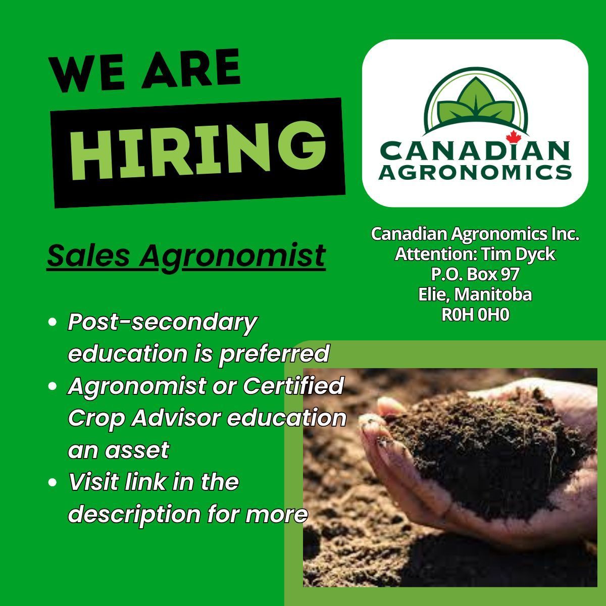 We're looking for a new Sales Agronomist to add to the team!

Canadian Agronomics Inc. is a growing agriculture supply company offering unique fertility and crop solution products. 

If you think you qualify, please submit your resume here: agcareers.com/canadian-agron…