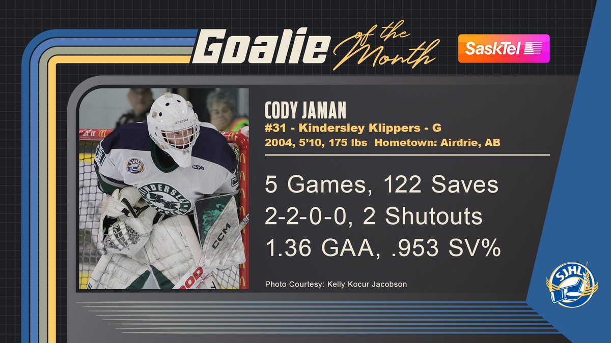 theSJHL's tweet image. 🚨 @SaskTel Goalie of the Month! 🚨

Cody Jaman of the @KlippersHockey!

📸: @MrsKellyMJ #SJHL #StayHerePlayHere