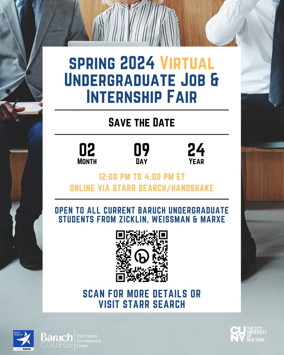A new year means new opportunities! Save the date for our Spring 2024 VIRTUAL Job & Internship Fair (Friday, Feb. 9th from 12- 4pm). Student registrations opens on Jan. 15th - lnkd.in/eTdSjZav.

 #BaruchStarr #BaruchWorks #BaruchCollege #BeBaruch
