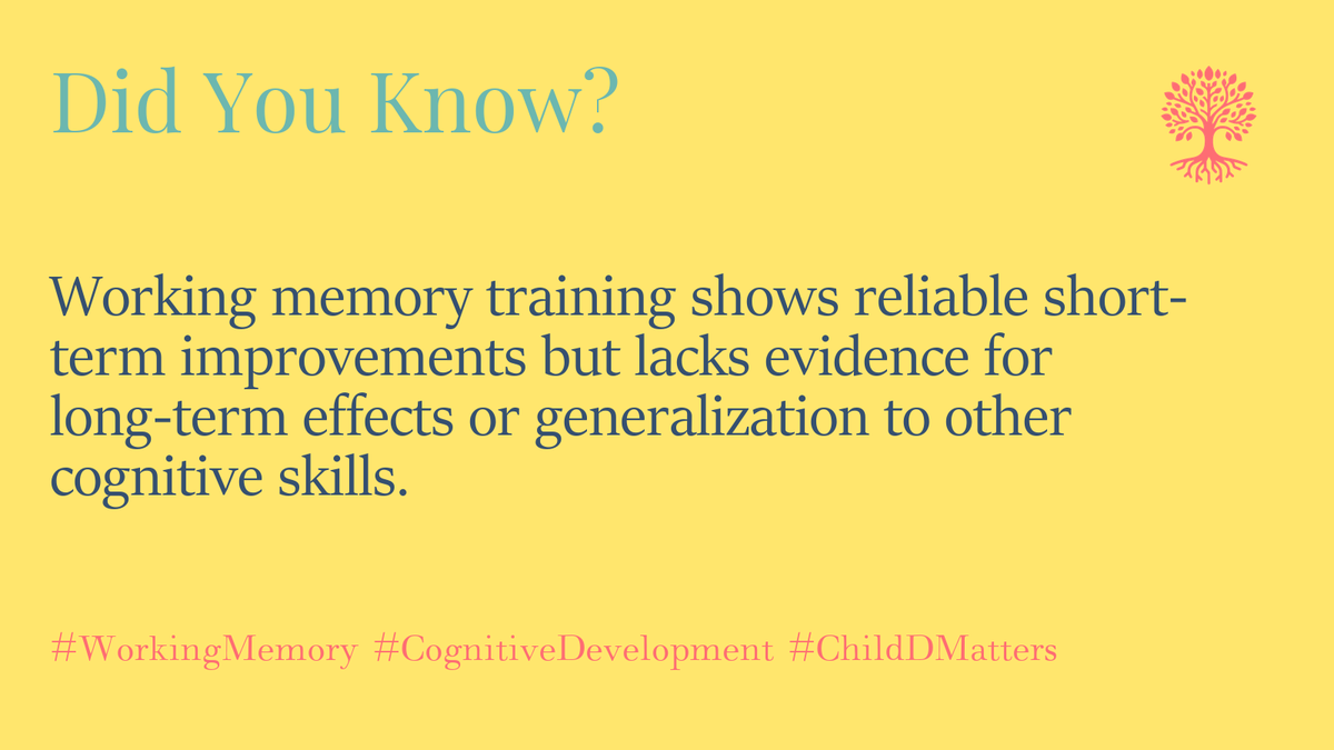 Working memory training shows reliable short-term improvements but lacks evidence for long-term effects or generalization to other cognitive skills. #WorkingMemory #CognitiveDevelopment #ChildDMatters 1/5