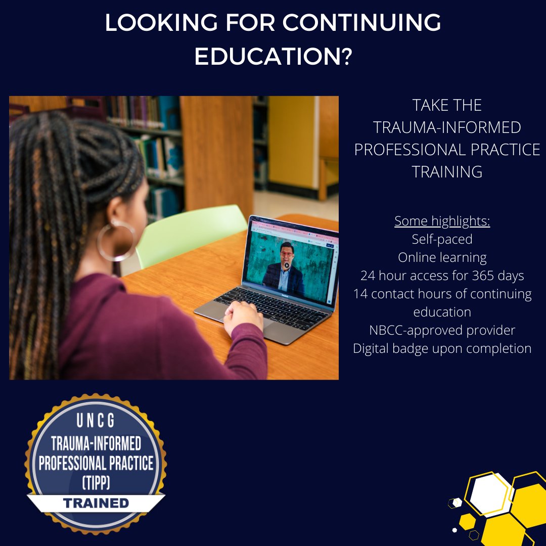 Access the continuing education (and other trainings) here: soe.uncg.edu/ced/ced-pd/