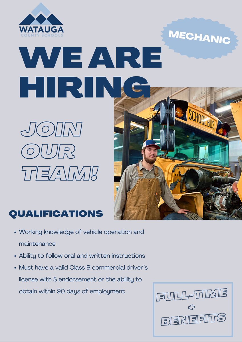 We take pride in providing excellent transportation to and from school for students each day. Our mechanics are a key part of making this possible and we are excited to share that we are seeking to hire a qualified mechanic.
#WorkWithUs #WeAreWatauga

 watauga.tedk12.com/hire/ViewJob.a…