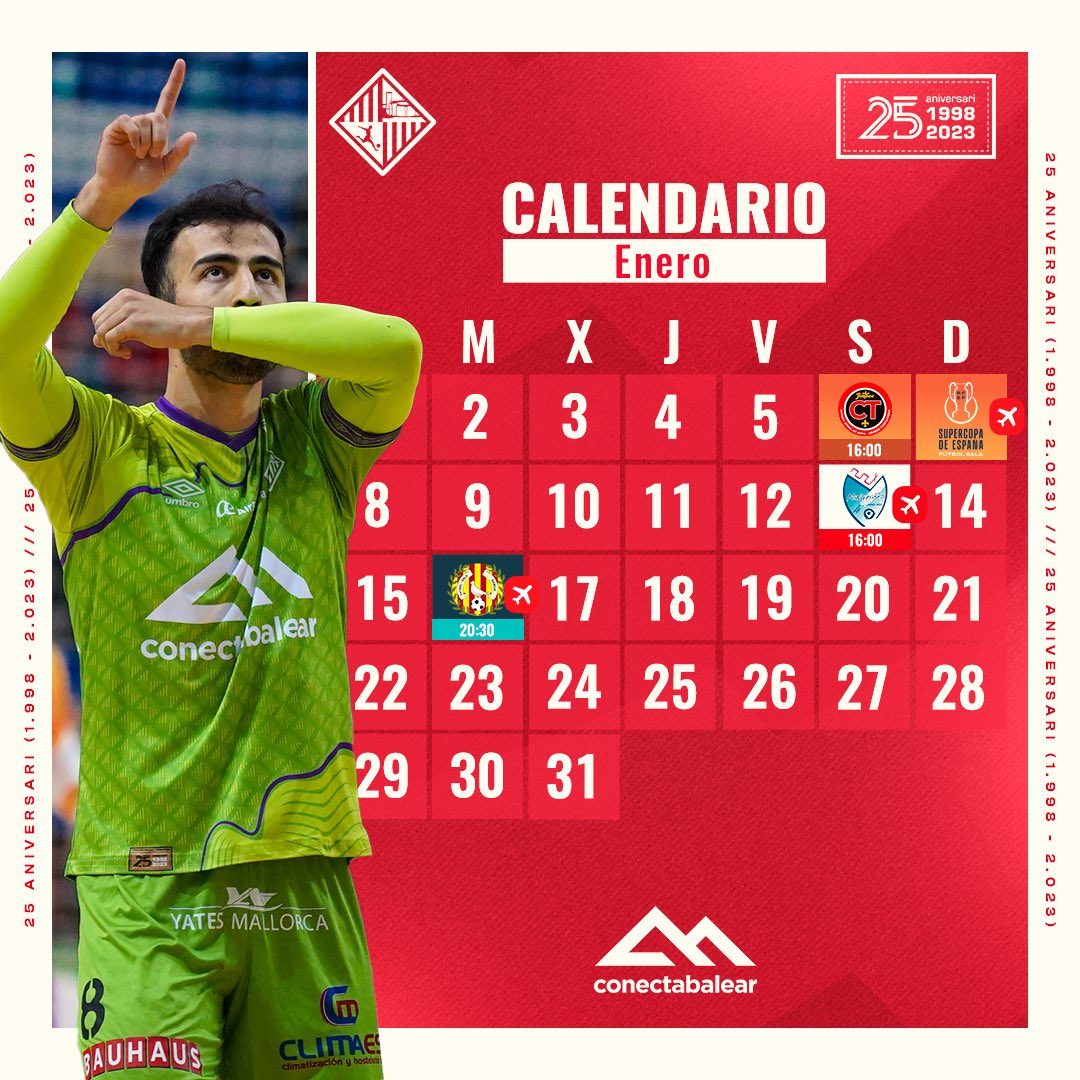 PalmaFutsal's tweet photo. 📆 Nuestro plan para 𝐄𝐍𝐄𝐑𝐎
🏆 Nos jugamos la Supercopa este fin de semana
✔️ Debut en la Copa del Rey
#MallorcaPalmaFutsal
#SupercopaFutsal
#CopadelRey https://t.co/jQZUaIS3DJ
