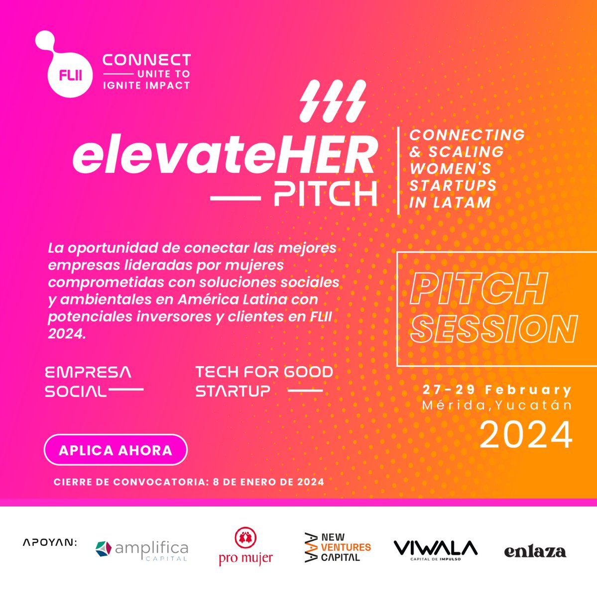 DisruptivoTV's tweet photo. 📣 ¡Participa en ElevateHER Pitch en #FLII2024! 

Si eres fundadora de una empresa social o una tech-for-good startup y estás buscando levantar capital para el crecimiento de tu negocio, esta es tu oportunidad para presentar tu #pitch ante los inversionistas en FLII 2024.👩‍💻 https://t.co/E3VhhaNDhl