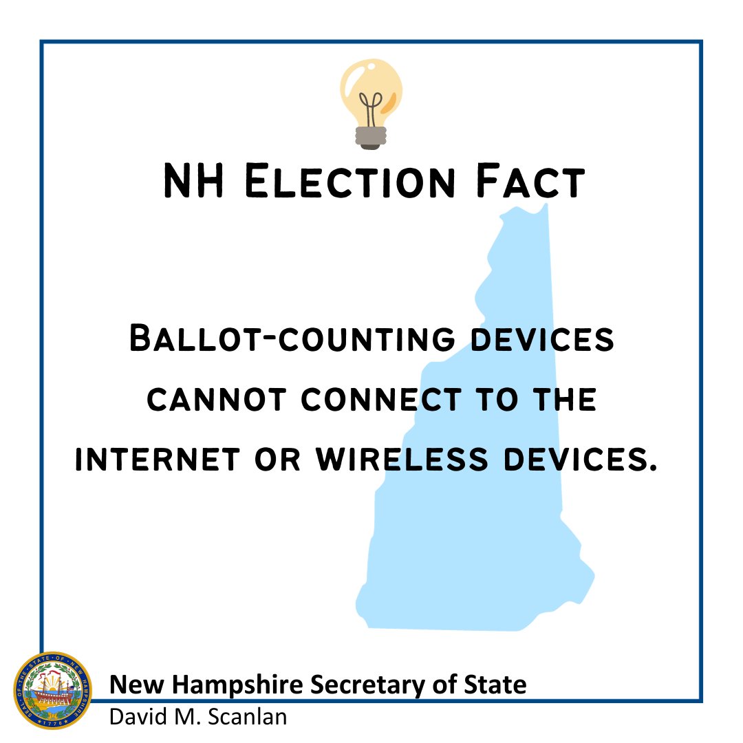 NHSecretary's tweet photo. Ballot-counting devices cannot connect to the internet of wireless devices #electionfact https://t.co/hXRQADpj69