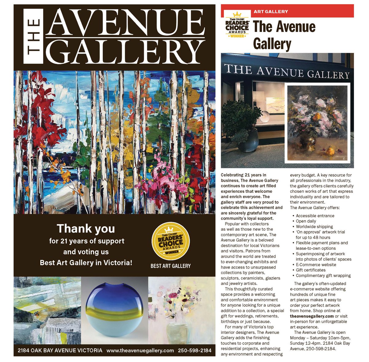 We are honoured to announce that The Avenue Gallery won Best Art Gallery in the <a href="/timescolonist/">Times Colonist</a> Readers’ Choice Awards, for a third consecutive year! Thank you for your continued support!

View the e-edition online: issuu.com/timescolonist/…

#yyj #yyjarts #oakbay #canadianart