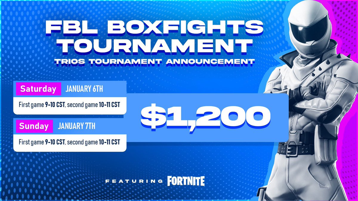 pandvilglobal's tweet photo. 🔥$1200 Trios Boxfights Tournament 🔥

Saturday - January 6th - First game 9-10 cst, second game 10-11 CST

Sunday- January 7th - First game 9-10 cst, second game 10-11 CST

🔥We will pick 8 teams straight to finals you MUST

🔥Comment your trios 
🔥Retweet this post

Good luck https://t.co/EETOsAMMWj
