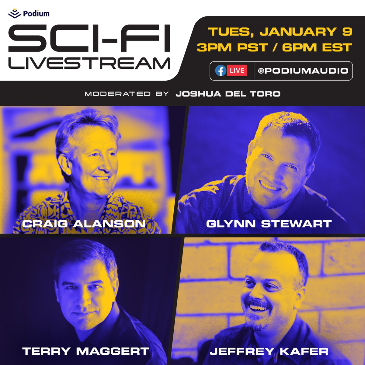 Podium Entertainment (@podium_ent) on Twitter photo CALLING ALL SCI-FI FANS! 🚀 Join <a href="/CraigAlanson/">Craig Alanson</a>, <a href="/TerryMaggert/">Terry Maggert</a>, @GlynnStewart, <a href="/JeffreyKafer/">Jeffrey Kafer 🎙📗</a>, & <a href="/JoshuasSpace/">Joshua Del Toro</a> NEXT TUESDAY (1/9) at 3pm PST / 6pm EST on Facebook Live for a riveting conversation on their writing and evolution of sci-fi!
JOIN HERE: fb.me/e/1xylB5TSd CALLING ALL SCI-FI FANS! 🚀 Join <a href="/CraigAlanson/">Craig Alanson</a>, <a href="/TerryMaggert/">Terry Maggert</a>, @GlynnStewart, <a href="/JeffreyKafer/">Jeffrey Kafer 🎙📗</a>, & <a href="/JoshuasSpace/">Joshua Del Toro</a> NEXT TUESDAY (1/9) at 3pm PST / 6pm EST on Facebook Live for a riveting conversation on their writing and evolution of sci-fi!
JOIN HERE: fb.me/e/1xylB5TSd