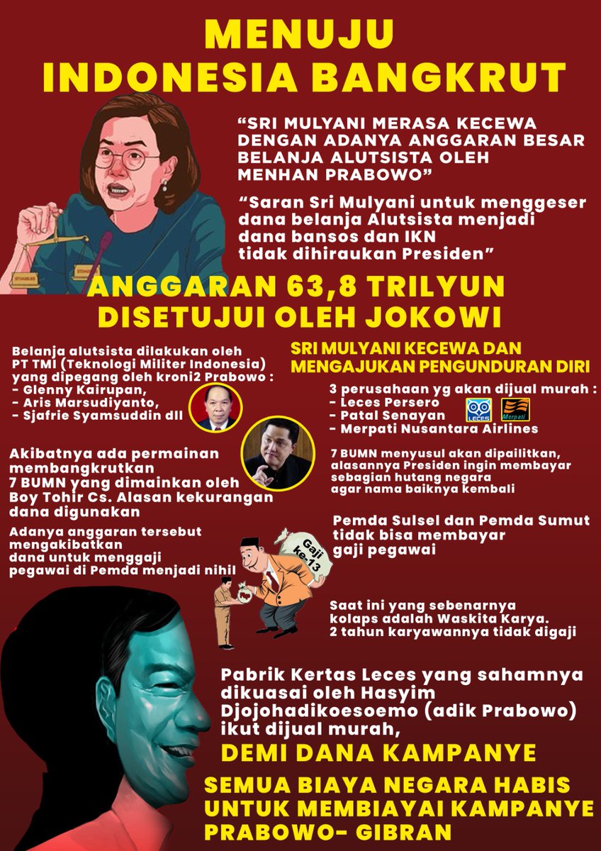 Dirgahay2's tweet photo. Dana 63,8 Triliun katanya buat belanja alutsista nyatanya sebagian dipake buat kampanye Prabowo dan Anaknya! begitulh liciknya Jokowi.

#TolakGambarAI #JanganPilihPrabowoGibran #GISELLE Reply 1988 Dendy Klok palingpas02 chenle palingjelas goodbye kartu tani Happy New Year Jeffrey https://t.co/E1IwsP6vab