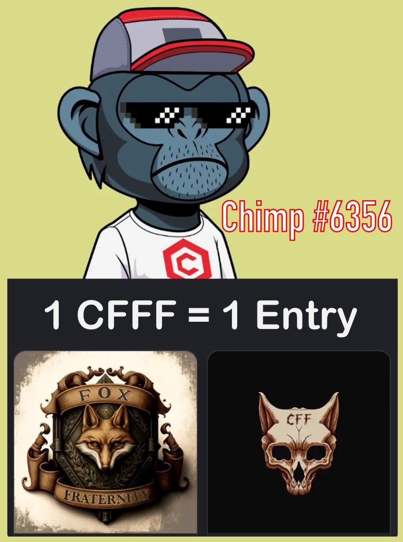 Giving away a cool looking
<a href="/CronosChimpClub/">Cronos Chimp Club (Official)</a> !

To enter, send at least 1 CFFF NFT to

0x054df77a08da7f03329ac3e7bf1aa848168d3f8c

snapshot on Jan 7th, 10pm ET

#FoxFraternity #Cro #Cronos #CroFam #CryptoCom #CronosChimpClub