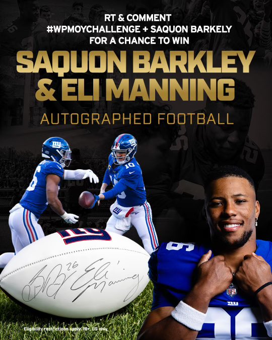 Eli Manning (@elimanning) on Twitter photo 1 RT = 2 VOTES!!
RT and comment #WPMOYChallenge + Barkley for a chance to win an autographed football by yours truly & <a href="/saquon/">Saquon Barkley</a>
#WPMOYChallenge + Barkley 1 RT = 2 VOTES!!
RT and comment #WPMOYChallenge + Barkley for a chance to win an autographed football by yours truly & <a href="/saquon/">Saquon Barkley</a>
#WPMOYChallenge + Barkley