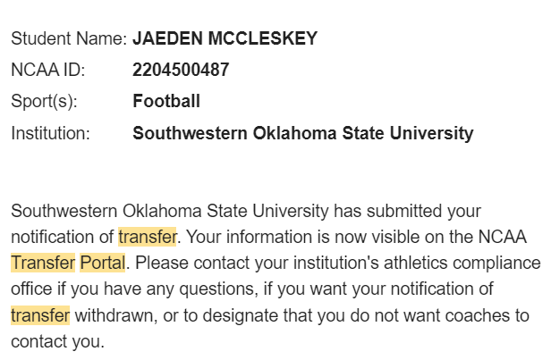 jaemccleskey's tweet photo. I would like to thank @SWOSUFootball  for the opportunity. After much thought and prayer and the support of my family, I have decided to enter the transfer portal with 4 years of Eligibility. Below are 2023 SWOSU Practice and 2022 Dawson highlight film. https://t.co/yJOmXLSIi8