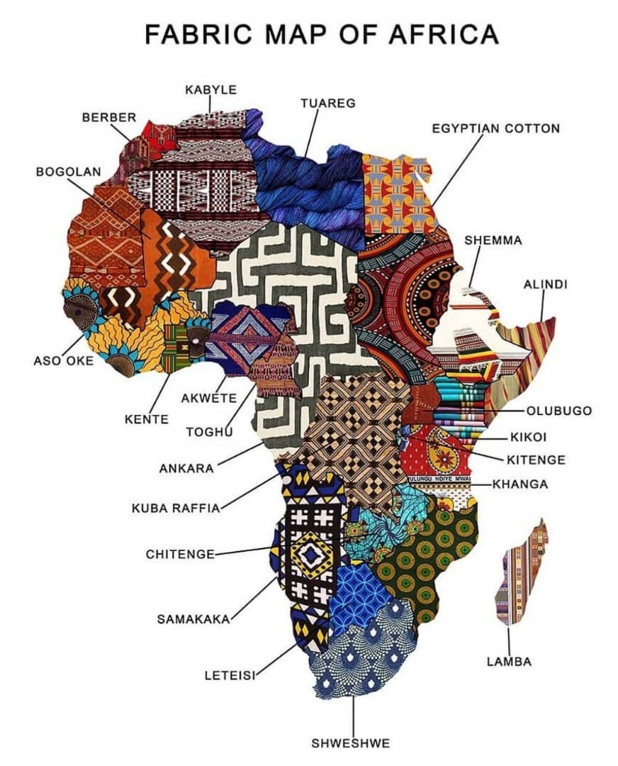 hallaboutafrica's tweet photo. Continent as a colourful tapestry. This map of Africa highlights some of the most prominent fabrics and cloth patterns of countries and regions. (May some enterprising person please sew together this image for real and make it available for purchase online? I'd like to frame it.) https://t.co/MereuVACK8