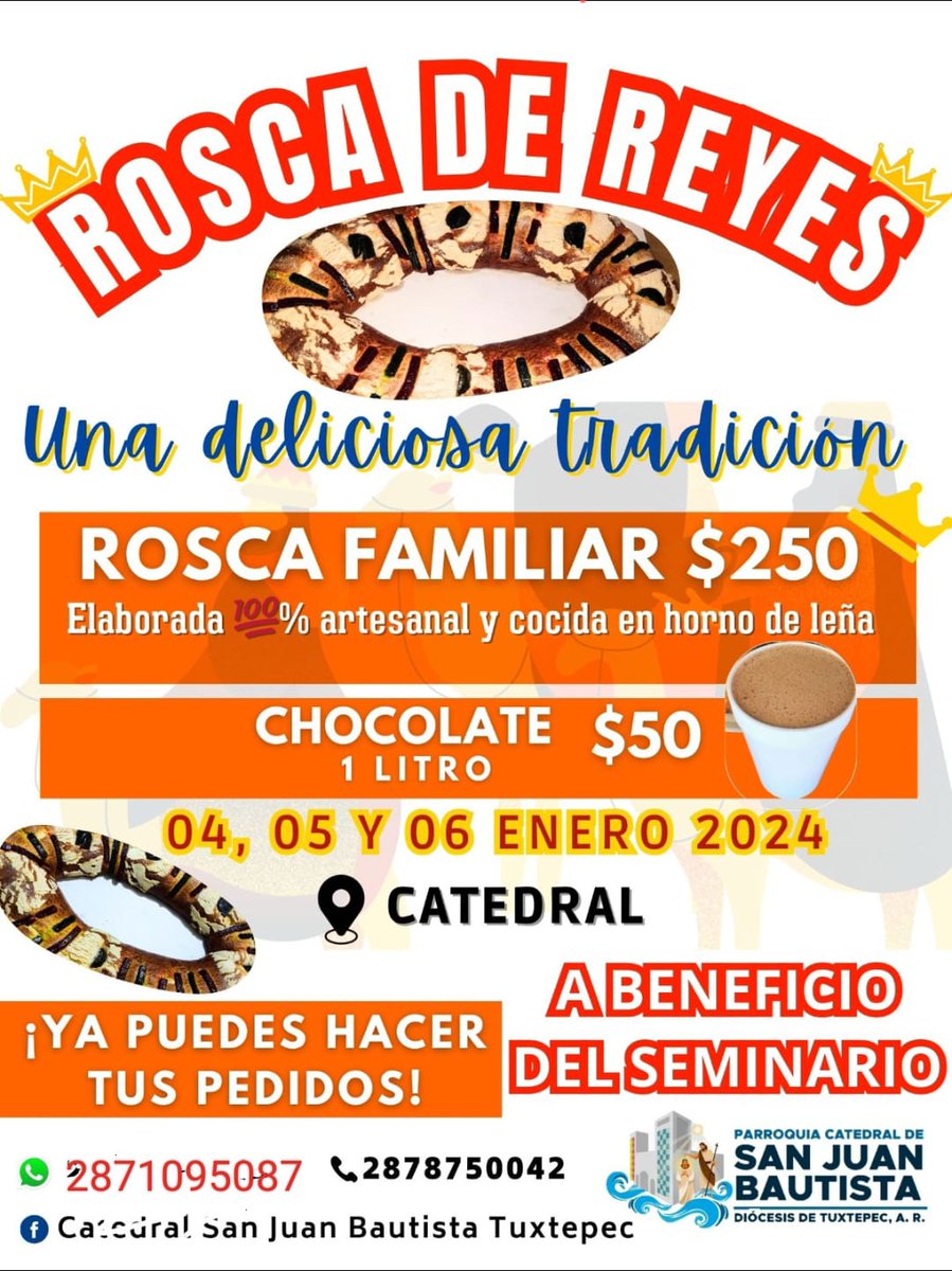 Rosca de Reyes Artesanal cocida en horno de leña.
Tamaño grande. $250.00 👑
Toda la venta para beneficio de nuestro seminario ✝️
Entrega en la Catedral, los días 4, 5 y 6 de enero a partir de las 10:00 a.m. ⛪️
Tel oficina 2878750042 ☎️

#Tuxtepec #RoscaDeReyes #Catedral