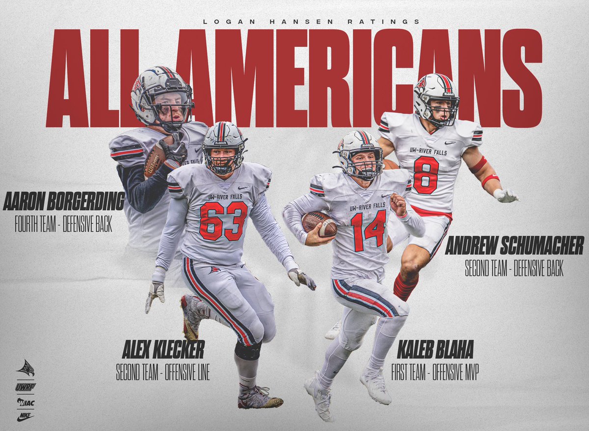 UWRFFootball's tweet photo. Kaleb Blaha has been named the 2023 @LogHanRatings National Offensive MVP!!! In addition, Alex Klecker, Aaron
Borgerding, and Andrew Schumacher were named All-Americans! https://t.co/0MeZ46z8JS
