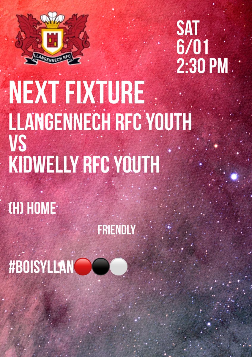 🔴⚫️⚪️ Next Fixture 🔴⚫️⚪️ We Start 2024 with a bang facing @kidwellyrfcu16 in a local derby.🔴⚫️⚪️ 🆚 @kidwellyrfcu16 🗓️Saturday January 6th ⏰2:30 PM 🏟️Home #youthrugbyrising #boisyllan🔴⚫️⚪️@WRU_Scarlets @WRU_Community