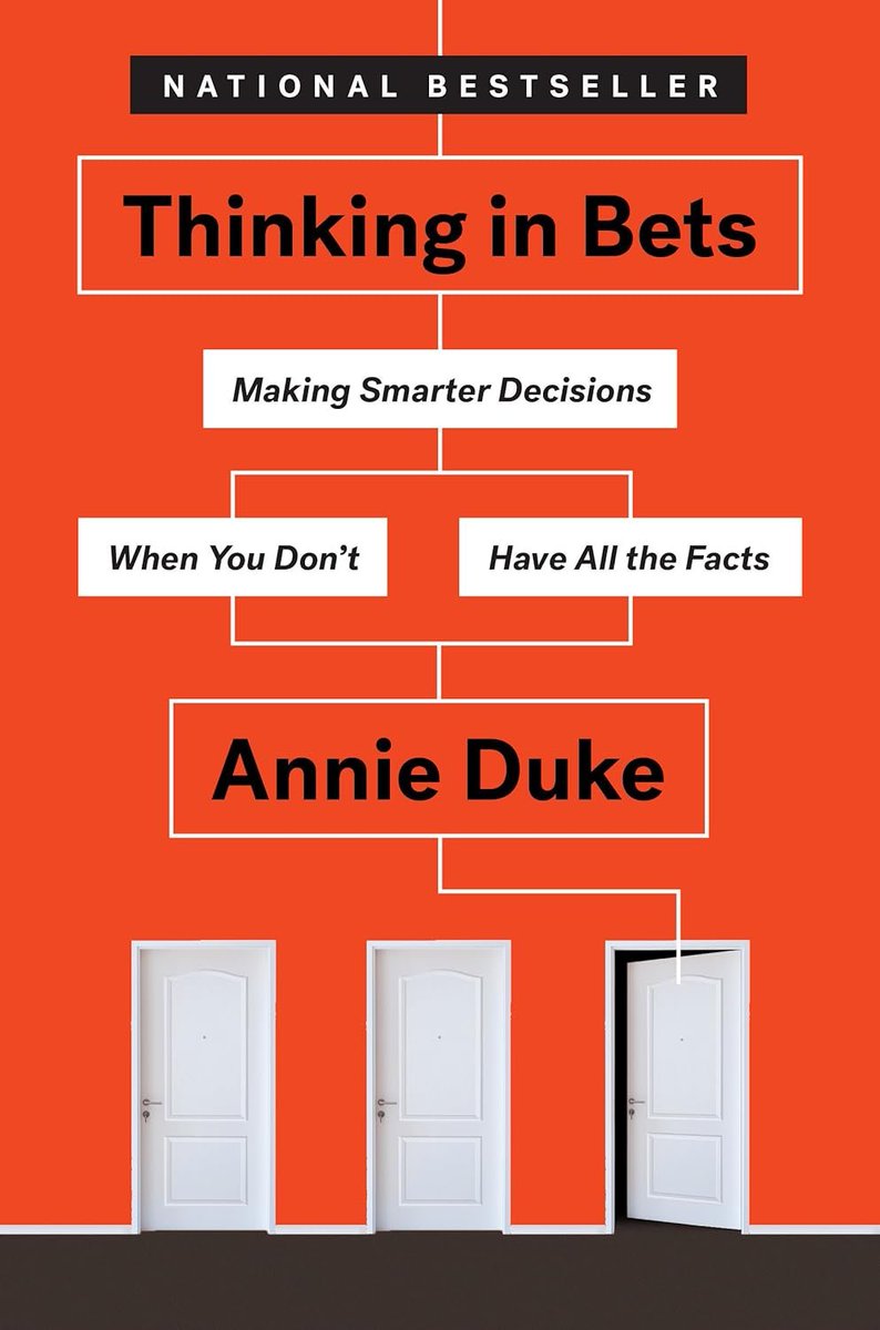 stukendall's tweet photo. Best book I read in 2023: Thinking in Bets by @AnnieDuke 

A fun read with a ton of examples from poker, sports, business and politics on why it's so important to approach your decisions through a lens of inputs and probabilities. https://t.co/teNS26nYSH