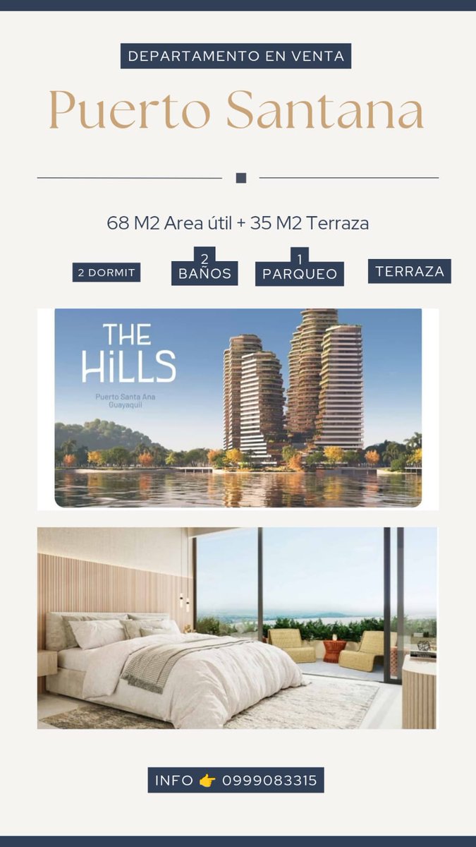 DeanRamirezM's tweet photo. Vendo apartamento THE HILLS, Puerto Santana en Guayaquil, por Cesión de derechos $55,000 y pagos mensuales de US 1.135 hasta Nov/2025.  Saldo US 130.000 a la entrega. Facilidad con crédito bancario. Contacto: PCB homes 0999083315 https://t.co/F9TpB1D89o