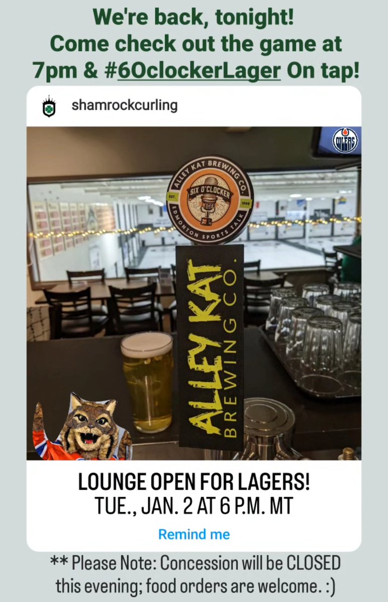 Shamrock Lounge opens at 5pm for all you #AMNastys looking for a pint! The Game will be on our TVs (with sound) at 7pm MT. Please note - concession is closed, BYOGrub
#LetsGoOilers #ShamrockCurling <a href="/yegsportstalk/">Edmonton Sports Talk</a> <a href="/nielsonTSN1260/">Dustin Nielson</a> <a href="/TomGazzola/">Tom Gazzola</a> <a href="/Lieutenant_Eric/">Lieutenant Eric</a> <a href="/alley_kat_beer/">Alley Kat Brewing</a>