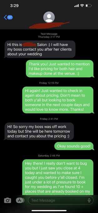 Ugh. Does this seem crazy to anyone else? I&rsquo;m literally just inquiring about prices. This is a salon<a href="/tag/loveisblind"class="tags"><span>#loveisblind</span></a>