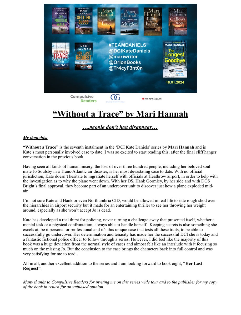 MiriamLSmith3's tweet photo. Proud to share my blog tour review for #TeamDaniels &amp; @mariwriter - #WithoutATrace the 7th in the @DCIKateDaniels series
#AMothersMusingsSunderland #AMakemMothersMusings #DCIKateDaniels #MariHannah @Tr4cyF3nt0n #CompulsiveReaders  #NorthumbriaCID #PlaneDisaster #PoliceProcedural https://t.co/aeG7PdBVCD