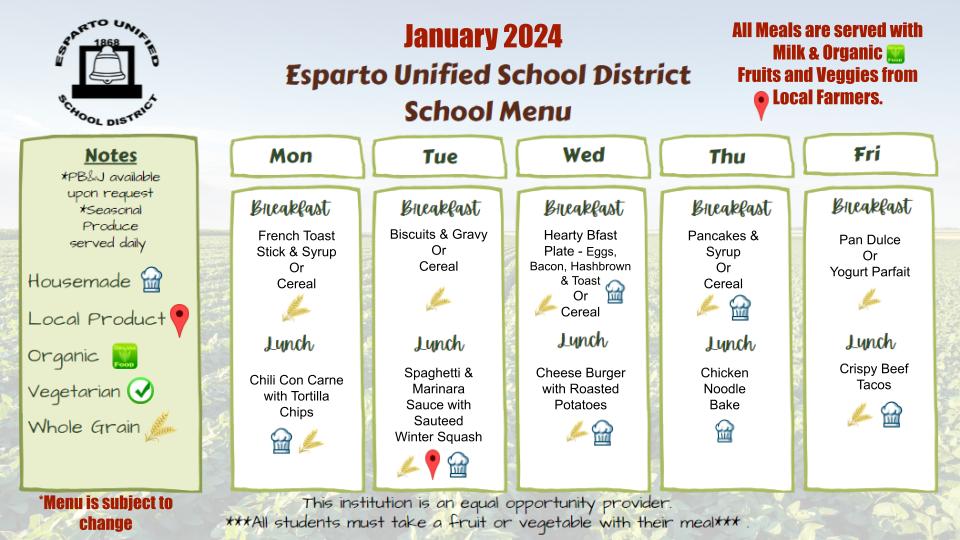 eusdk12's tweet photo. Happy New Year!! Here is January's lunch menu🌮🥝🍎 We return to school on Monday, January 8th. https://t.co/boJETdu4Qz